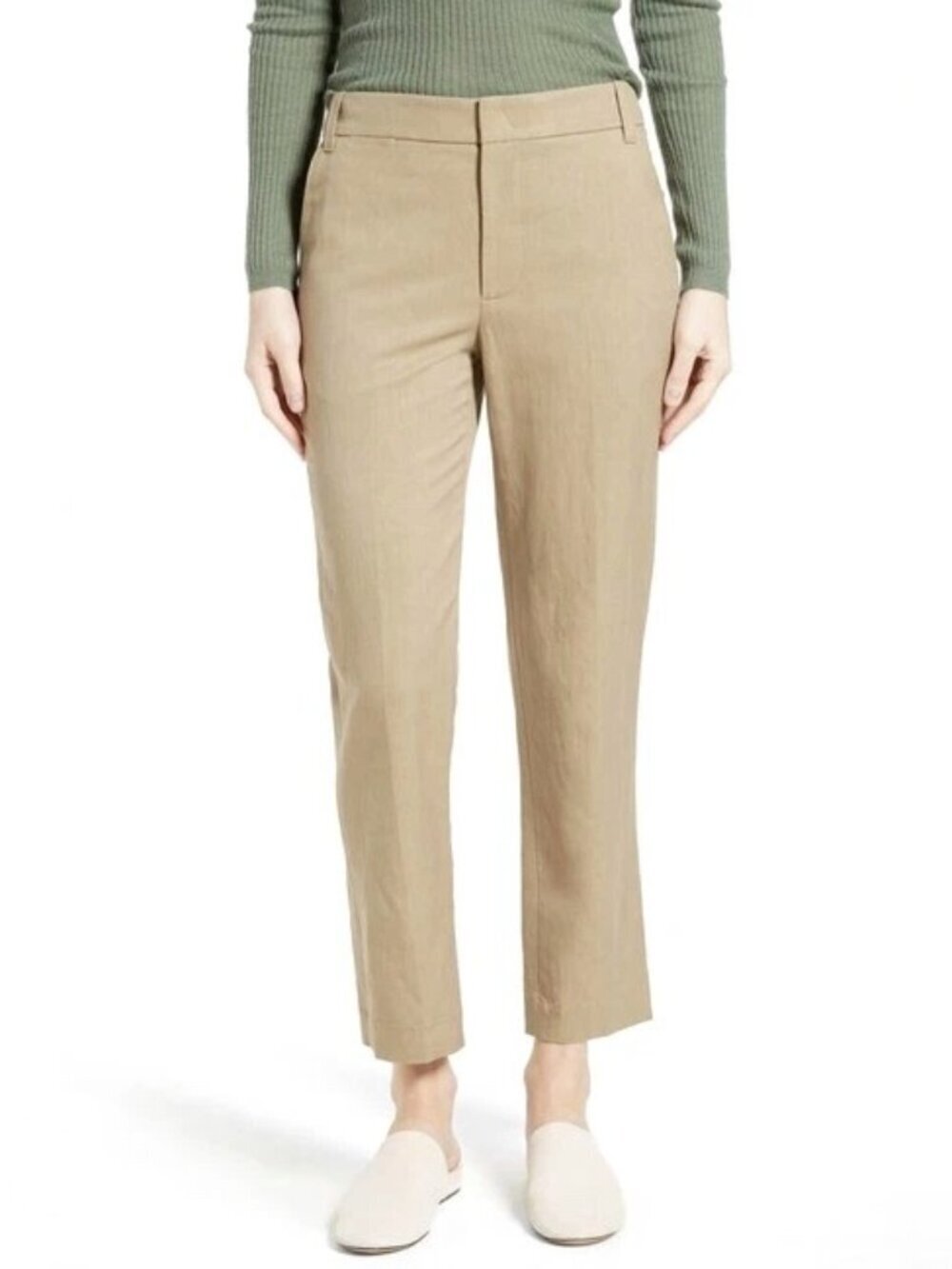 VINCE Khaki Tan Coin Pocket Linen Blend Cropped Chino Trousers Pants, Size 6